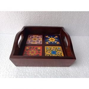 4 Tile Wooden Tile Tray (Dark Brown)