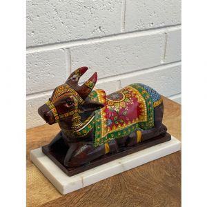 Wooden Nandi Bull with Marble Chowki