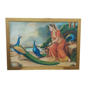 Rajput Princess Feeding Peacocks Painting