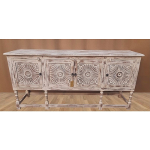 Hand Carved Sunburst White-Washed Buffet Table