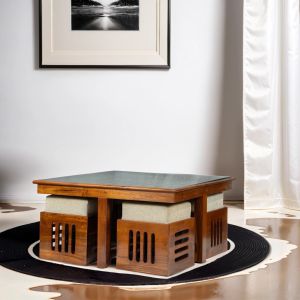 Wooden Coffee Table with Four Stools