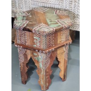 Octagon Reclaimed Wood White Henna Stool