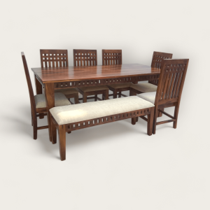 Wooden Dining Table with Six Chairs and Bench